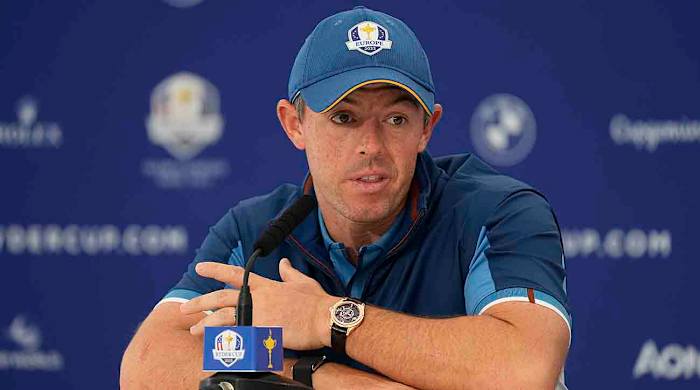 Europe's Rory McIlroy meets journalists during a press conference ahead of the 2023 Ryder Cup at the Marco Simone Golf Club in Italy.